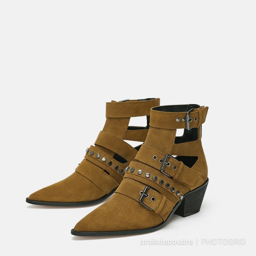 Zara Studded Belted Buckle Tan Suede Ankle Boot 39 8.5